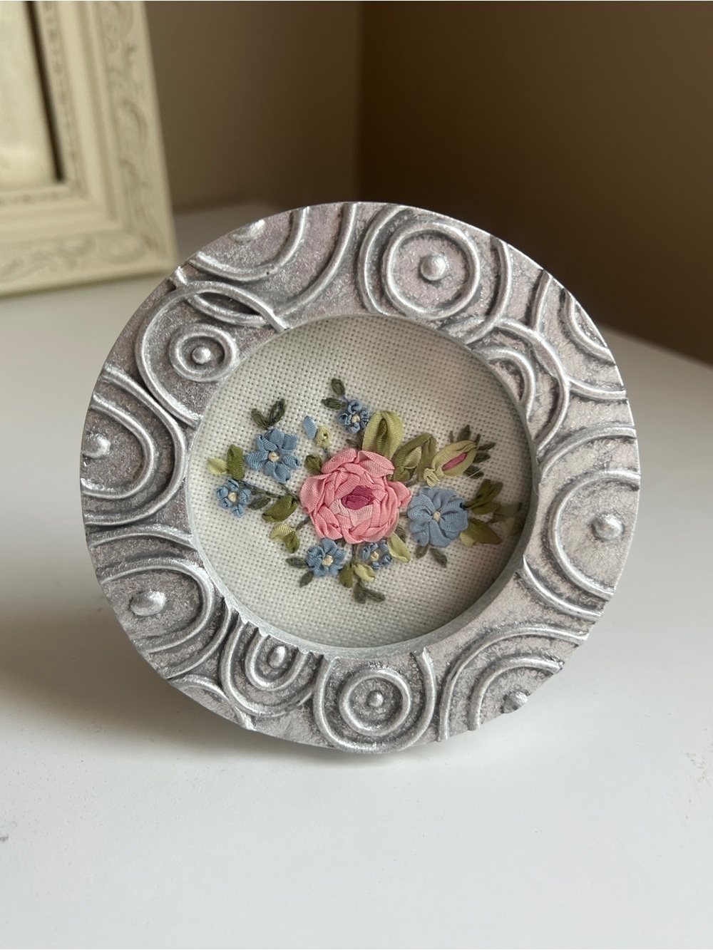 Vintage Hand-Sewn Floral Circular Framed Art